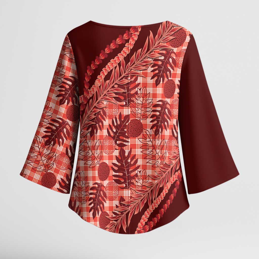 Hawaii Breadfruit Palaka Kimono Sleeve Blouse Ulaula Maile Lei - Polynesian Pride