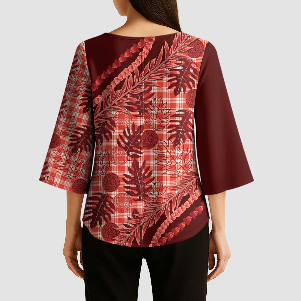 Hawaii Breadfruit Palaka Kimono Sleeve Blouse Ulaula Maile Lei - Polynesian Pride
