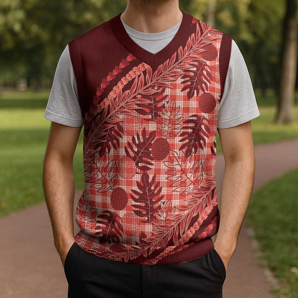 Hawaii Breadfruit Palaka Christmas Knitted V-Neck Vest Ulaula Maile Lei - Polynesian Pride