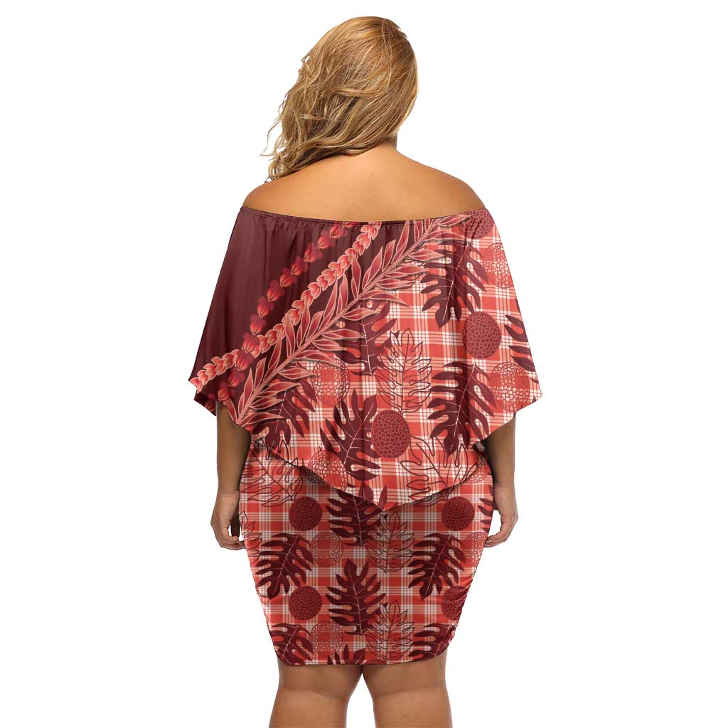 Hawaii Breadfruit Palaka Off Shoulder Short Dress Ulaula Maile Lei - Polynesian Pride