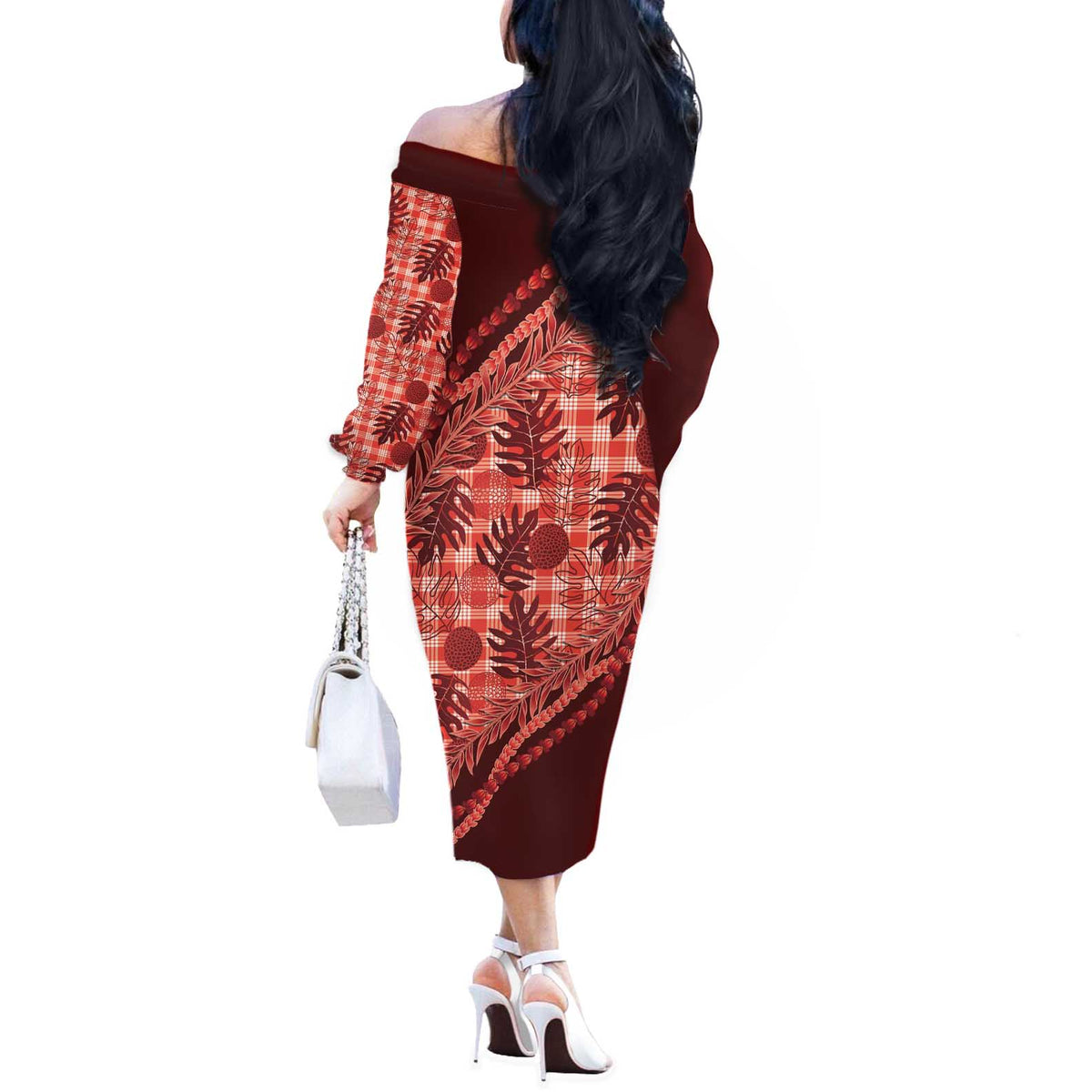Hawaii Breadfruit Palaka Off The Shoulder Long Sleeve Dress Ulaula Maile Lei - Polynesian Pride