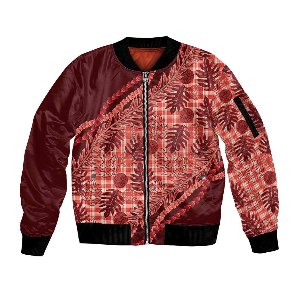 Hawaii Breadfruit Palaka Sleeve Zip Bomber Jacket Ulaula Maile Lei - Polynesian Pride