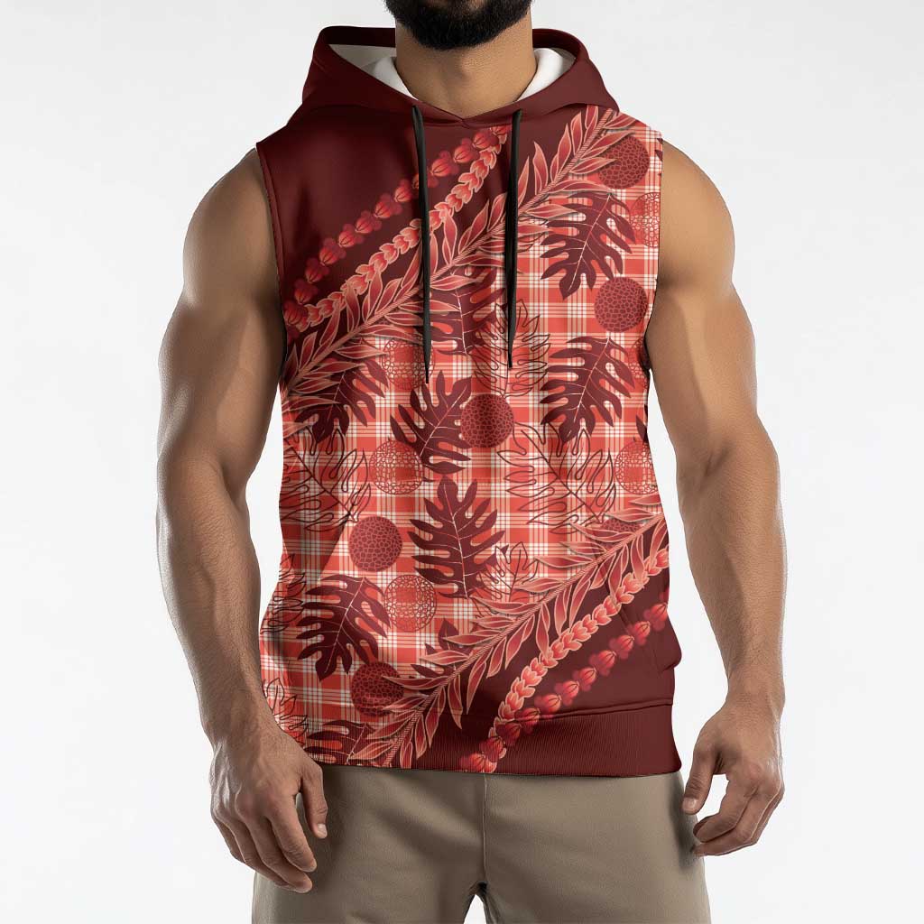 Hawaii Breadfruit Palaka Sleeveless Hoodie Ulaula Maile Lei - Polynesian Pride