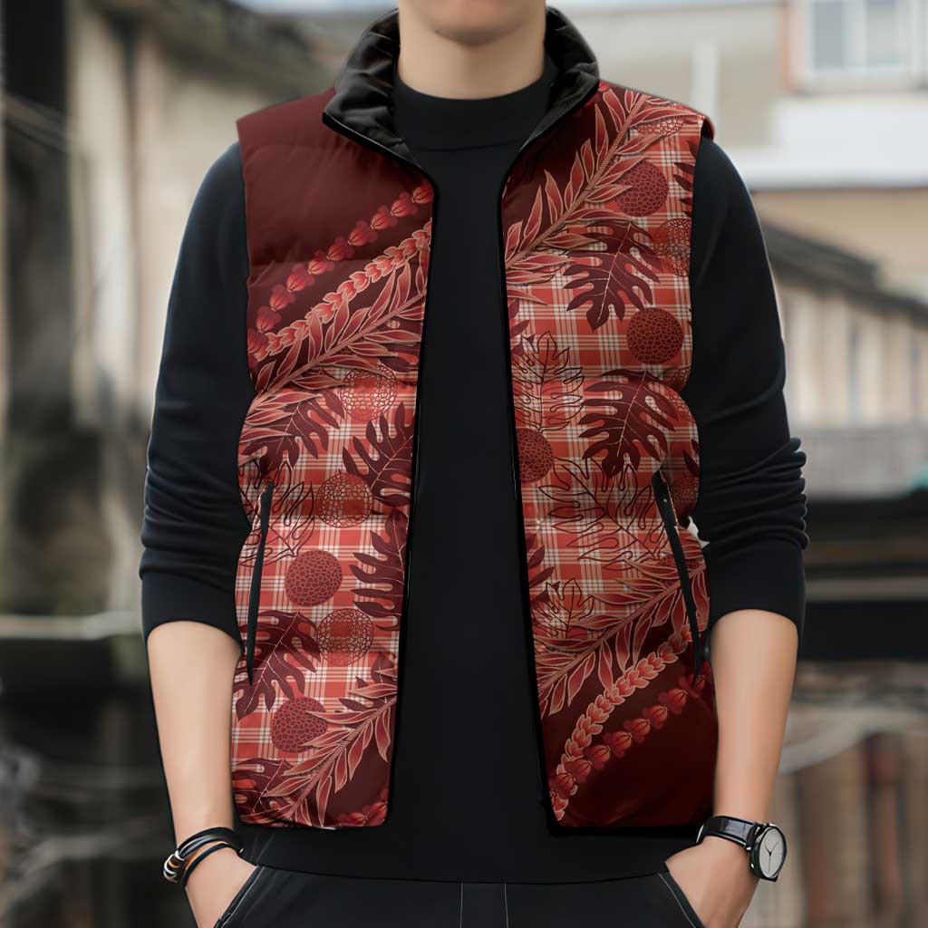 Hawaii Breadfruit Palaka Sleeveless Puffer Jacket Ulaula Maile Lei - Polynesian Pride