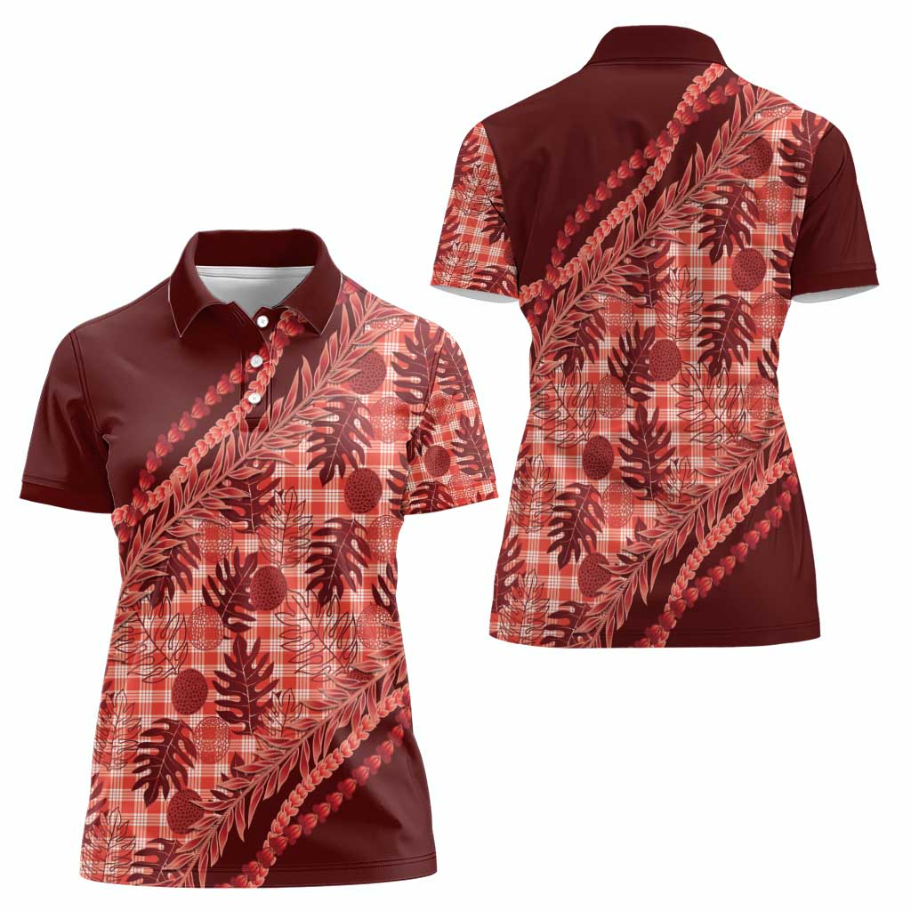 Hawaii Breadfruit Palaka Women Polo Shirt Ulaula Maile Lei - Polynesian Pride