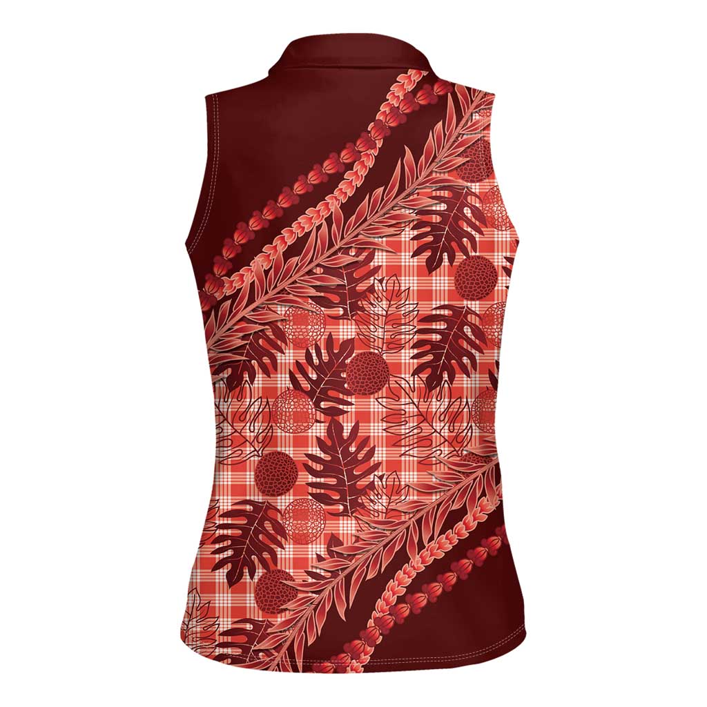 Hawaii Breadfruit Palaka Women Sleeveless Polo Shirt Ulaula Maile Lei - Polynesian Pride