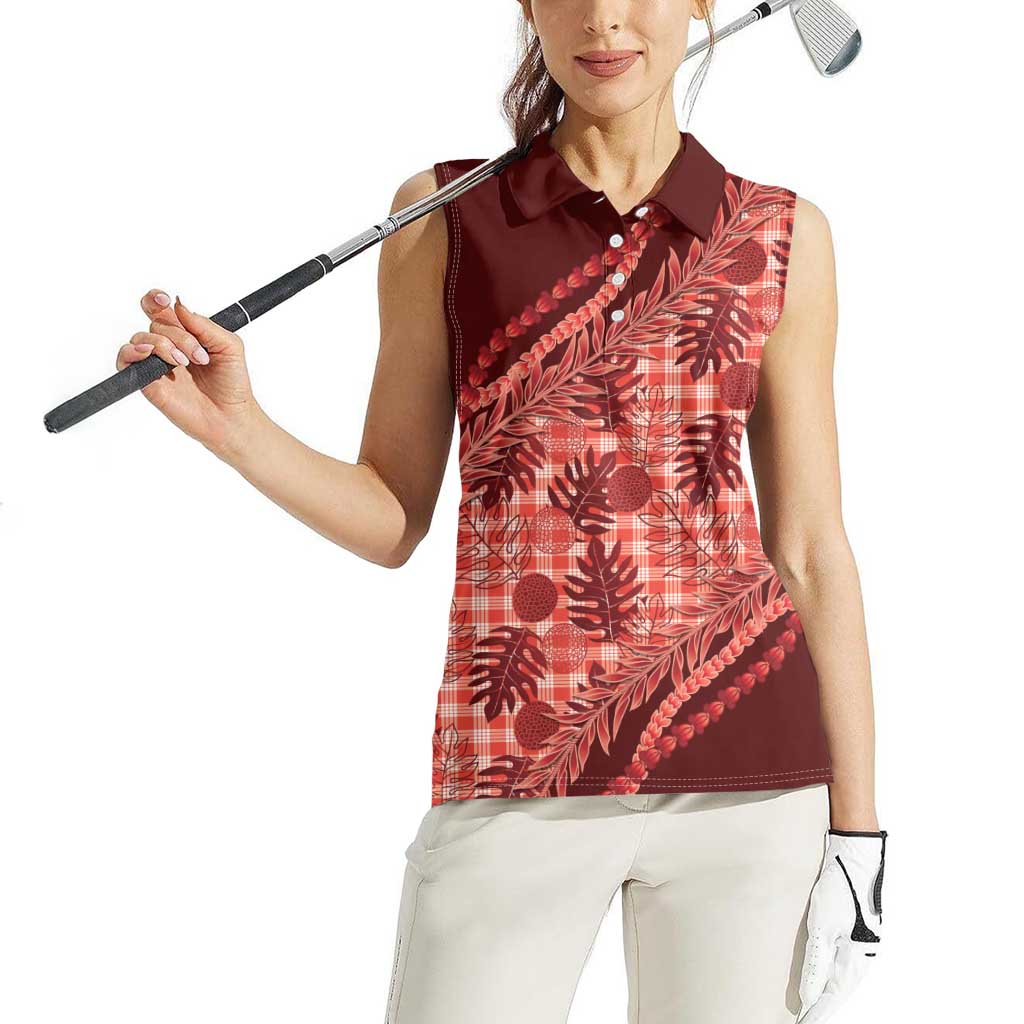Hawaii Breadfruit Palaka Women Sleeveless Polo Shirt Ulaula Maile Lei - Polynesian Pride