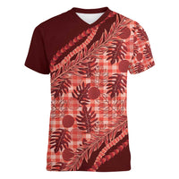 Hawaii Breadfruit Palaka Women V-Neck T-Shirt Ulaula Maile Lei - Polynesian Pride