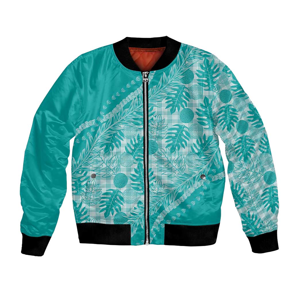 Hawaii Breadfruit Palaka Bomber Jacket Polu Opal Maile Lei LT9 Unisex Turquoise - Polynesian Pride