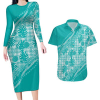 Hawaii Breadfruit Palaka Couples Matching Long Sleeve Bodycon Dress and Hawaiian Shirt Polu Opal Maile Lei - Polynesian Pride