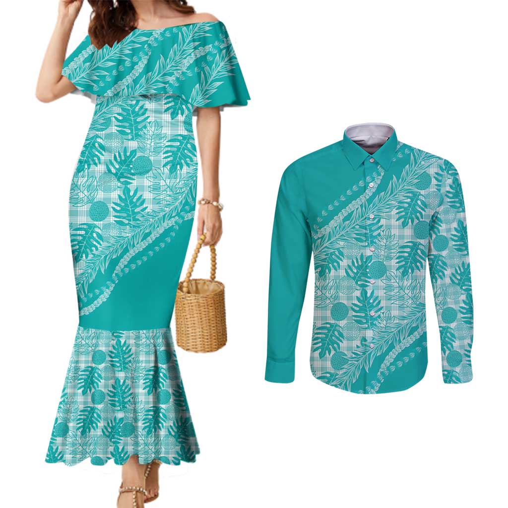 Hawaii Breadfruit Palaka Couples Matching Mermaid Dress and Long Sleeve Button Shirt Polu Opal Maile Lei LT9 Turquoise - Polynesian Pride