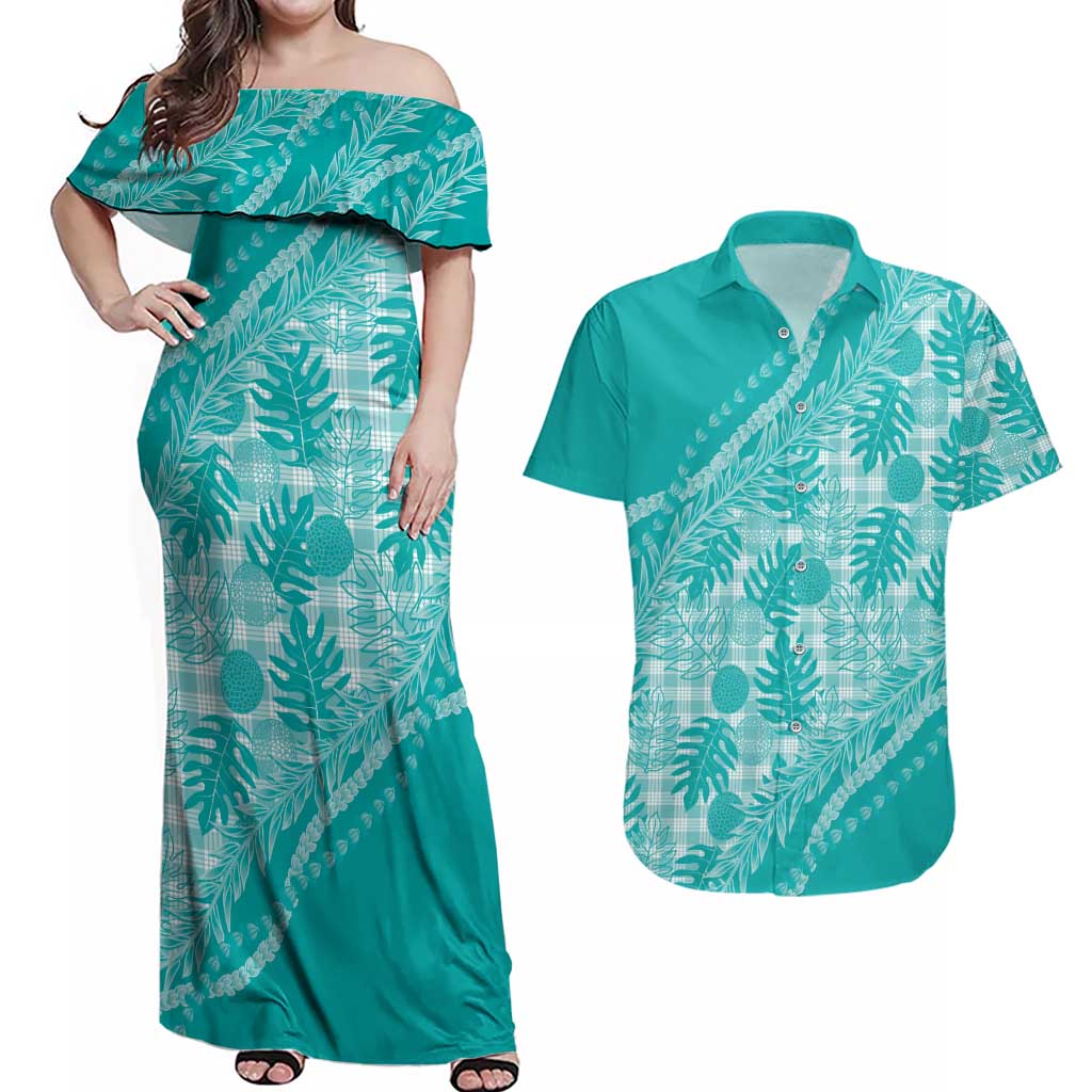 Hawaii Breadfruit Palaka Couples Matching Off Shoulder Maxi Dress and Hawaiian Shirt Polu Opal Maile Lei LT9 Turquoise - Polynesian Pride