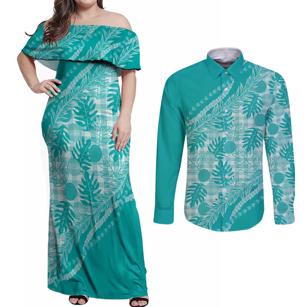 Hawaii Breadfruit Palaka Couples Matching Off Shoulder Maxi Dress and Long Sleeve Button Shirt Polu Opal Maile Lei LT9 Turquoise - Polynesian Pride