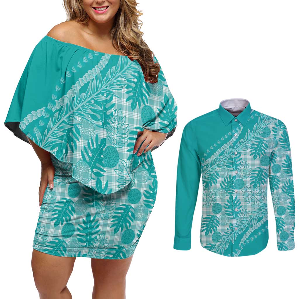 Hawaii Breadfruit Palaka Couples Matching Off Shoulder Short Dress and Long Sleeve Button Shirt Polu Opal Maile Lei LT9 Turquoise - Polynesian Pride