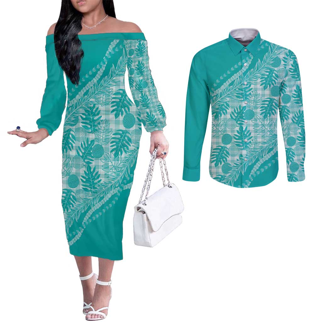 Hawaii Breadfruit Palaka Couples Matching Off The Shoulder Long Sleeve Dress and Long Sleeve Button Shirt Polu Opal Maile Lei LT9 Turquoise - Polynesian Pride