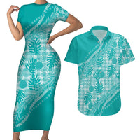 Hawaii Breadfruit Palaka Couples Matching Short Sleeve Bodycon Dress and Hawaiian Shirt Polu Opal Maile Lei - Polynesian Pride