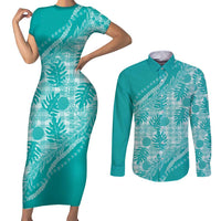 Hawaii Breadfruit Palaka Couples Matching Short Sleeve Bodycon Dress and Long Sleeve Button Shirt Polu Opal Maile Lei - Polynesian Pride