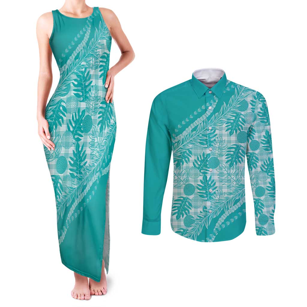 Hawaii Breadfruit Palaka Couples Matching Tank Maxi Dress and Long Sleeve Button Shirt Polu Opal Maile Lei LT9 Turquoise - Polynesian Pride