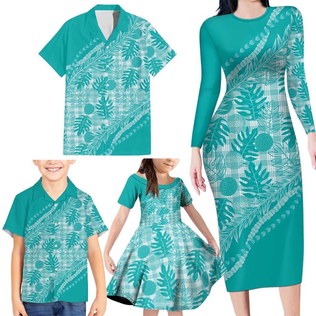 Hawaii Breadfruit Palaka Family Matching Long Sleeve Bodycon Dress and Hawaiian Shirt Polu Opal Maile Lei LT9 - Polynesian Pride