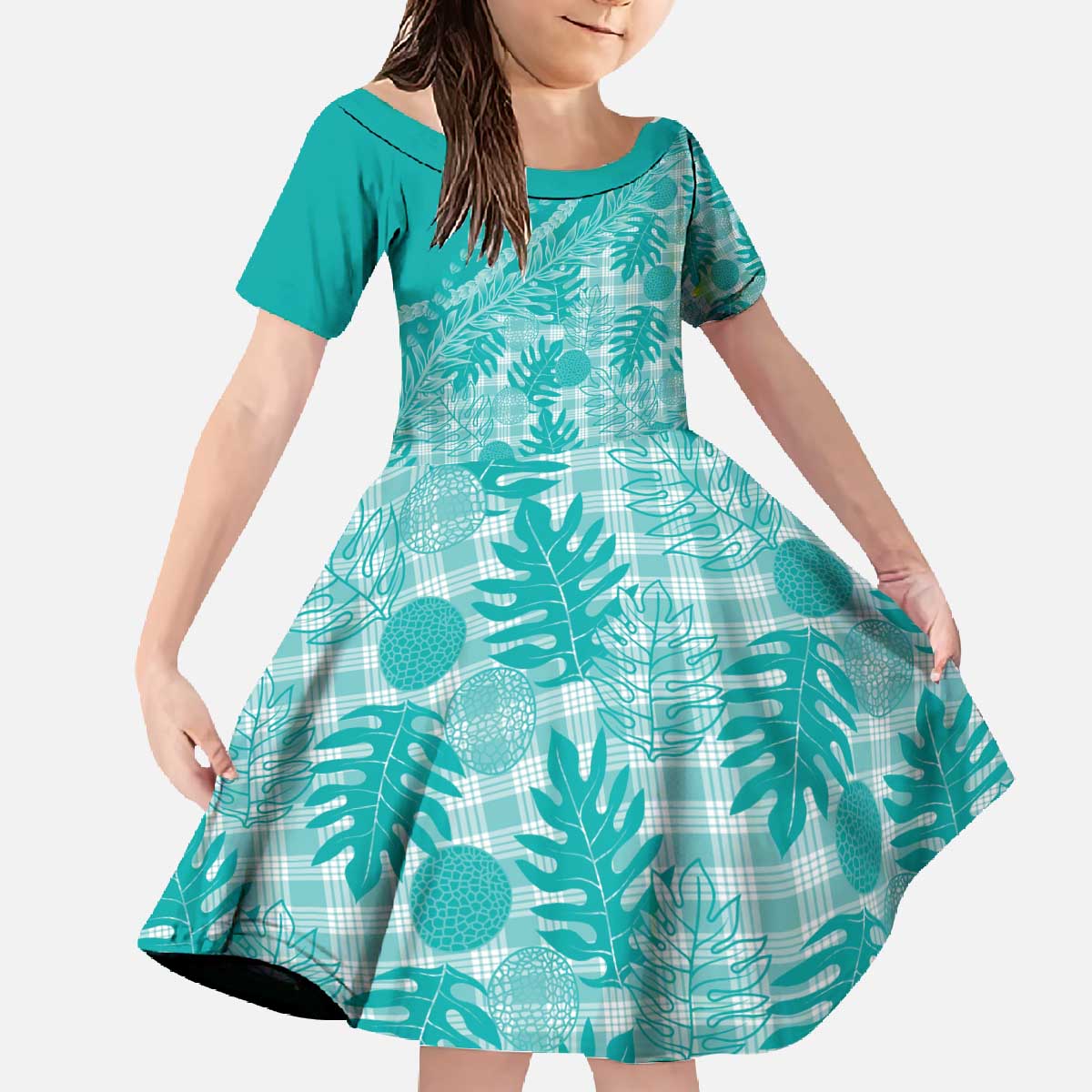 Hawaii Breadfruit Palaka Family Matching Off The Shoulder Long Sleeve Dress and Hawaiian Shirt Polu Opal Maile Lei - Polynesian Pride