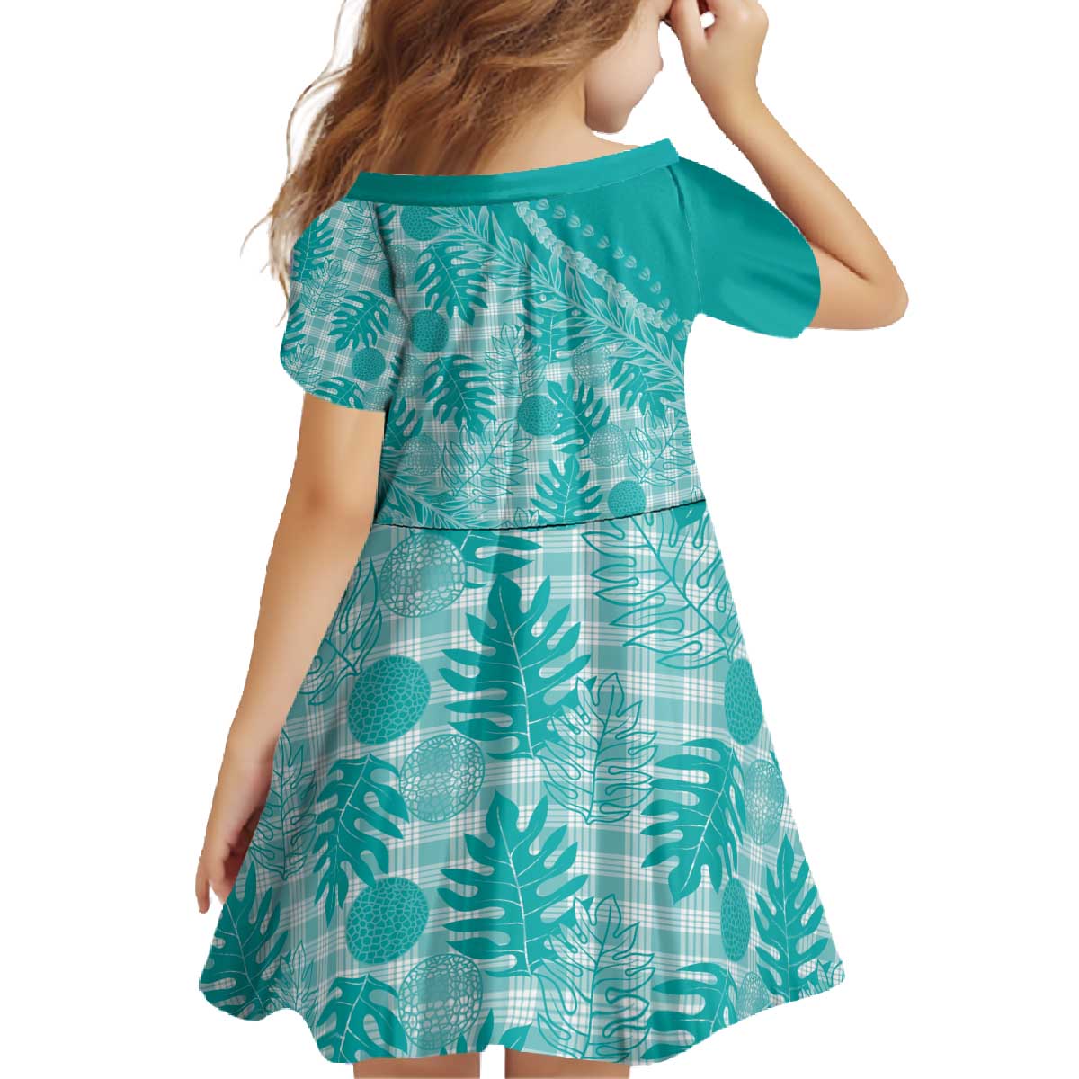 Hawaii Breadfruit Palaka Family Matching Off The Shoulder Long Sleeve Dress and Hawaiian Shirt Polu Opal Maile Lei - Polynesian Pride