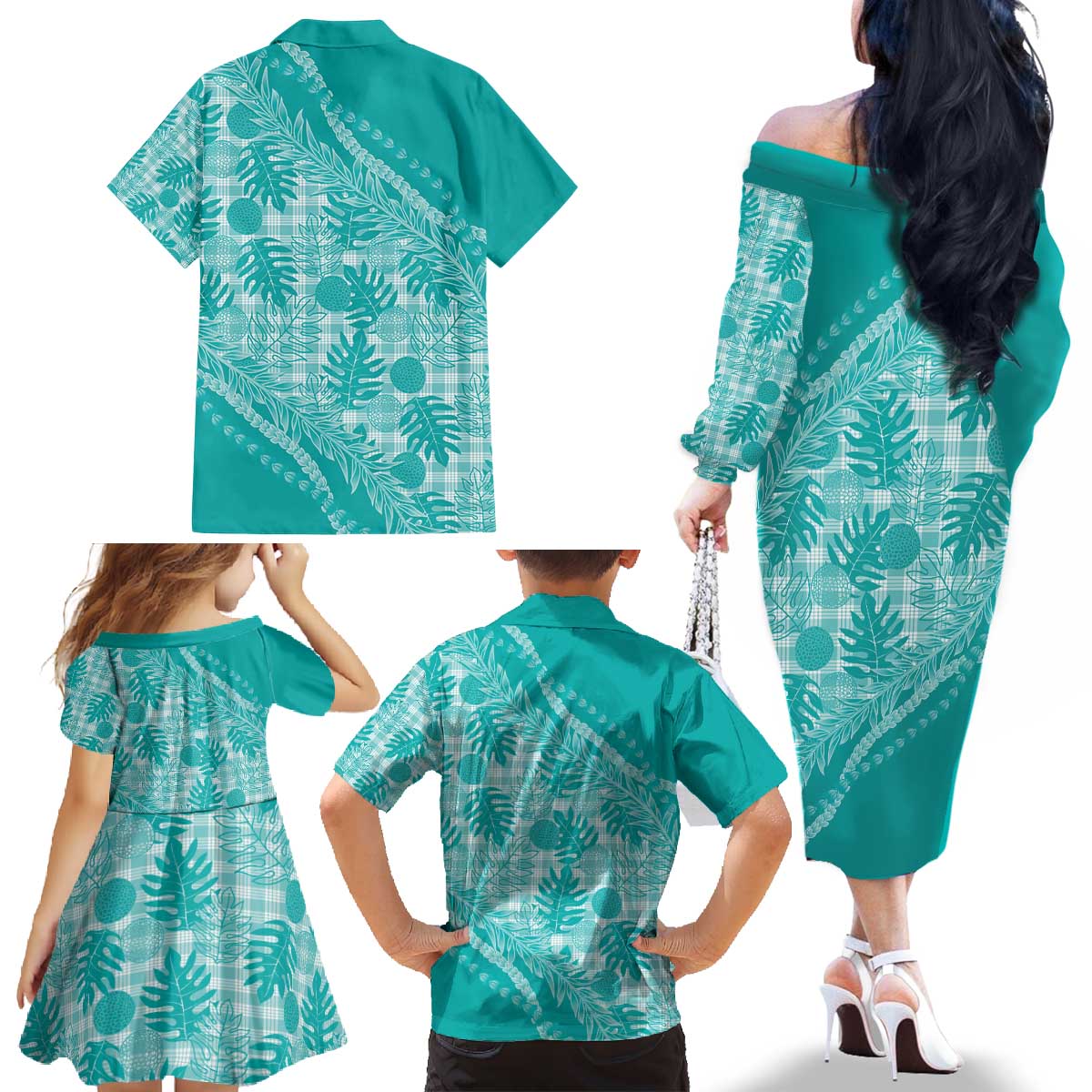 Hawaii Breadfruit Palaka Family Matching Off The Shoulder Long Sleeve Dress and Hawaiian Shirt Polu Opal Maile Lei - Polynesian Pride