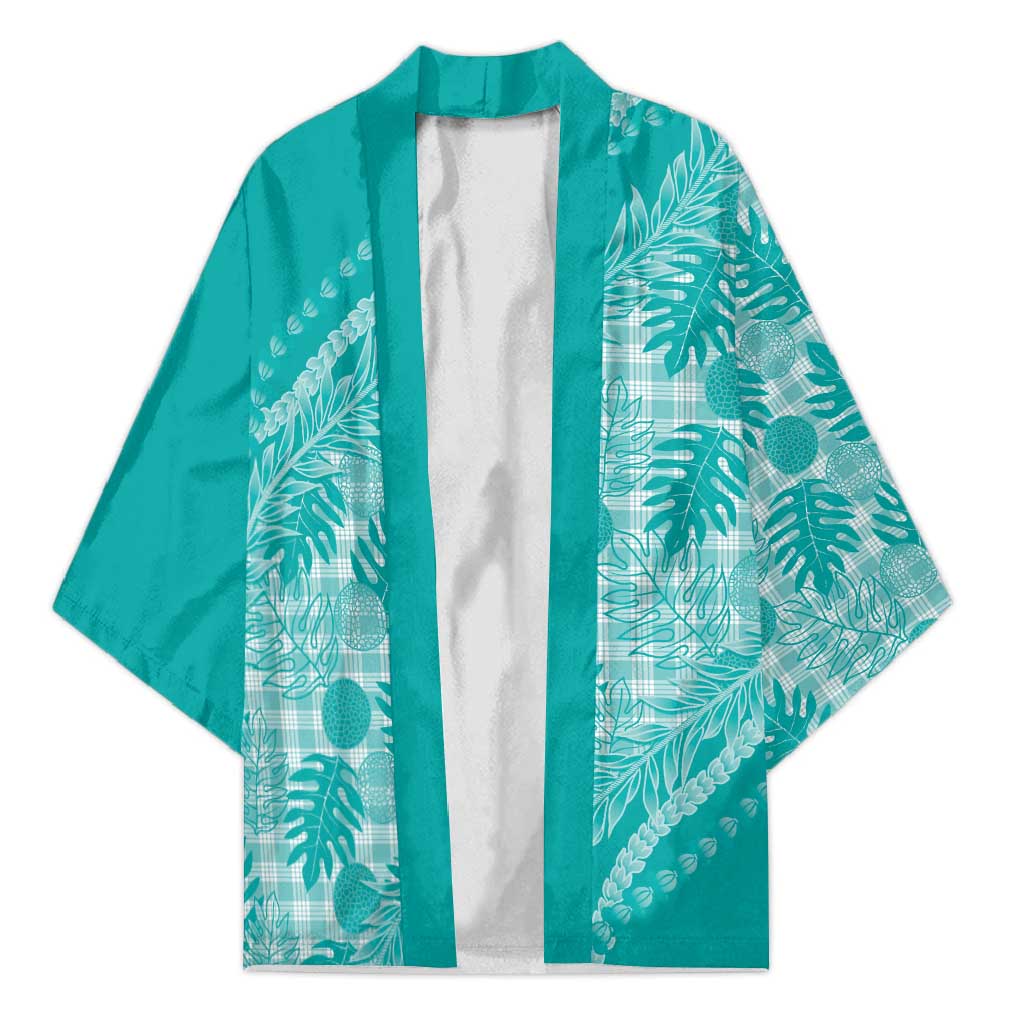 Hawaii Breadfruit Palaka Kimono Polu Opal Maile Lei LT9 Unisex Turquoise - Polynesian Pride