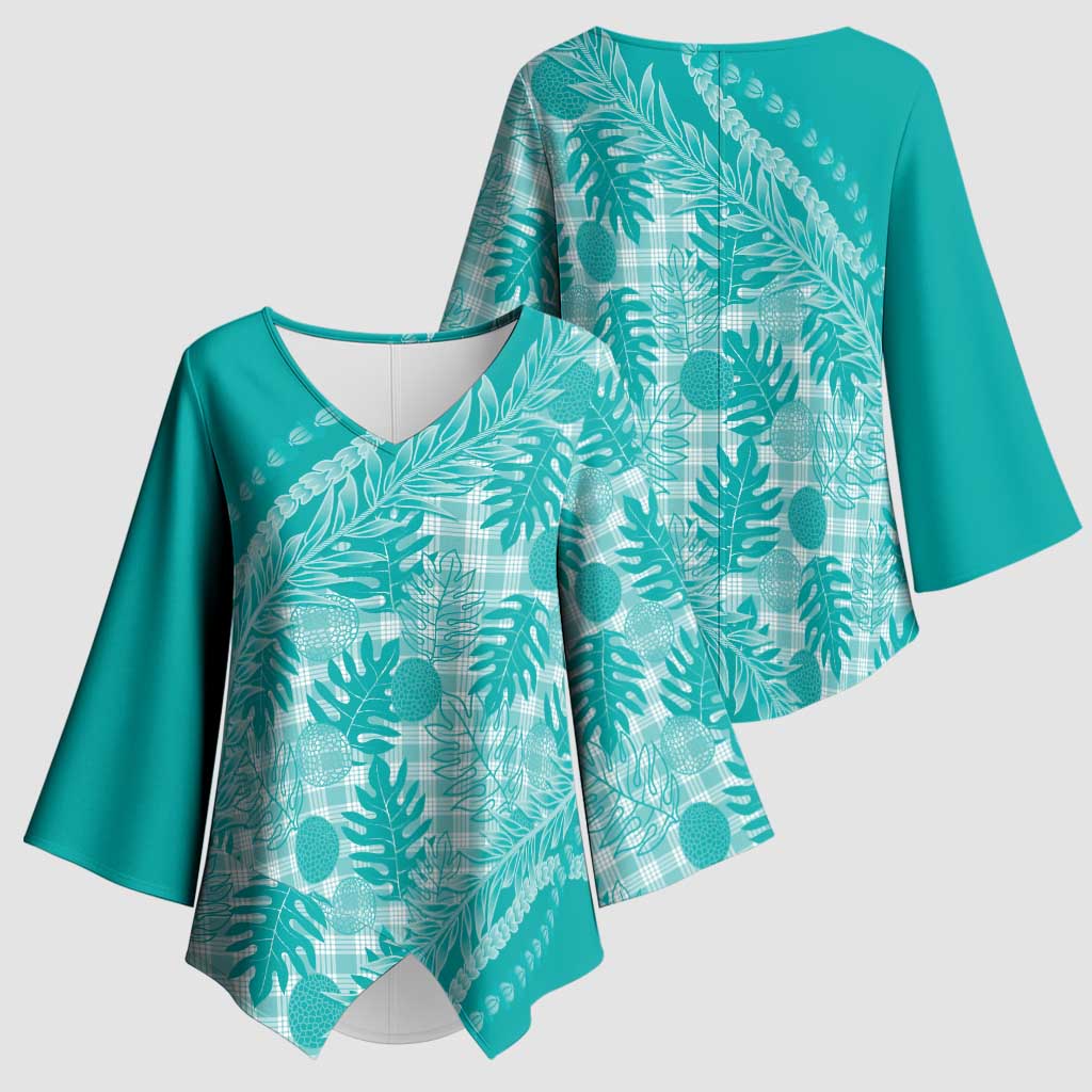 Hawaii Breadfruit Palaka Kimono Sleeve Blouse Polu Opal Maile Lei - Polynesian Pride