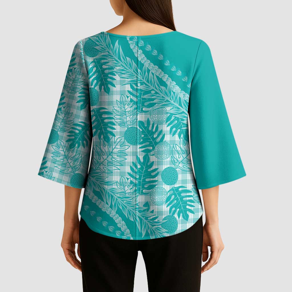 Hawaii Breadfruit Palaka Kimono Sleeve Blouse Polu Opal Maile Lei - Polynesian Pride