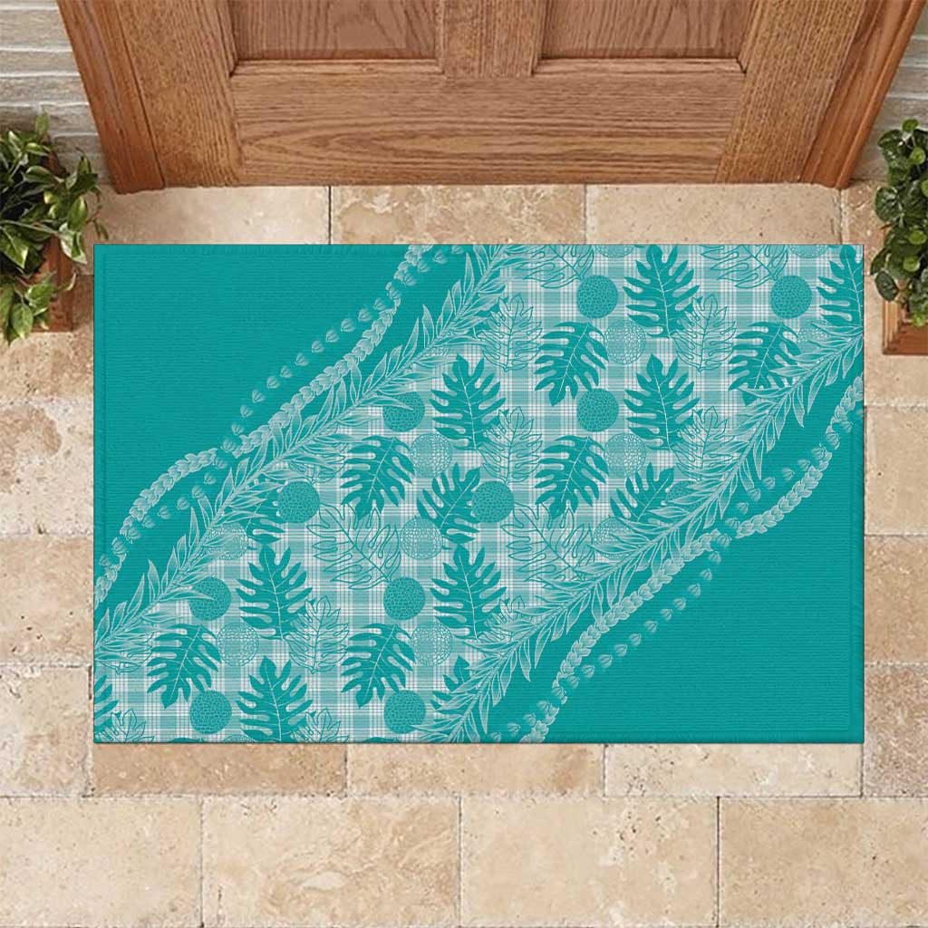 Hawaii Breadfruit Palaka Rubber Doormat Polu Opal Maile Lei LT9 Turquoise - Polynesian Pride