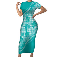 Hawaii Breadfruit Palaka Short Sleeve Bodycon Dress Polu Opal Maile Lei - Polynesian Pride