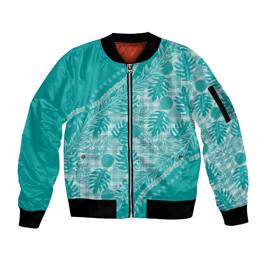 Hawaii Breadfruit Palaka Sleeve Zip Bomber Jacket Polu Opal Maile Lei LT9 Unisex Turquoise - Polynesian Pride
