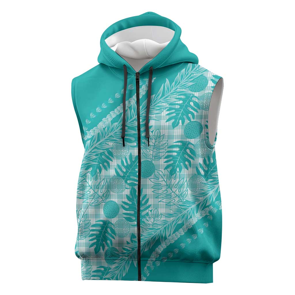 Hawaii Breadfruit Palaka Sleeveless Zip Hoodie Polu Opal Maile Lei LT9 Turquoise - Polynesian Pride