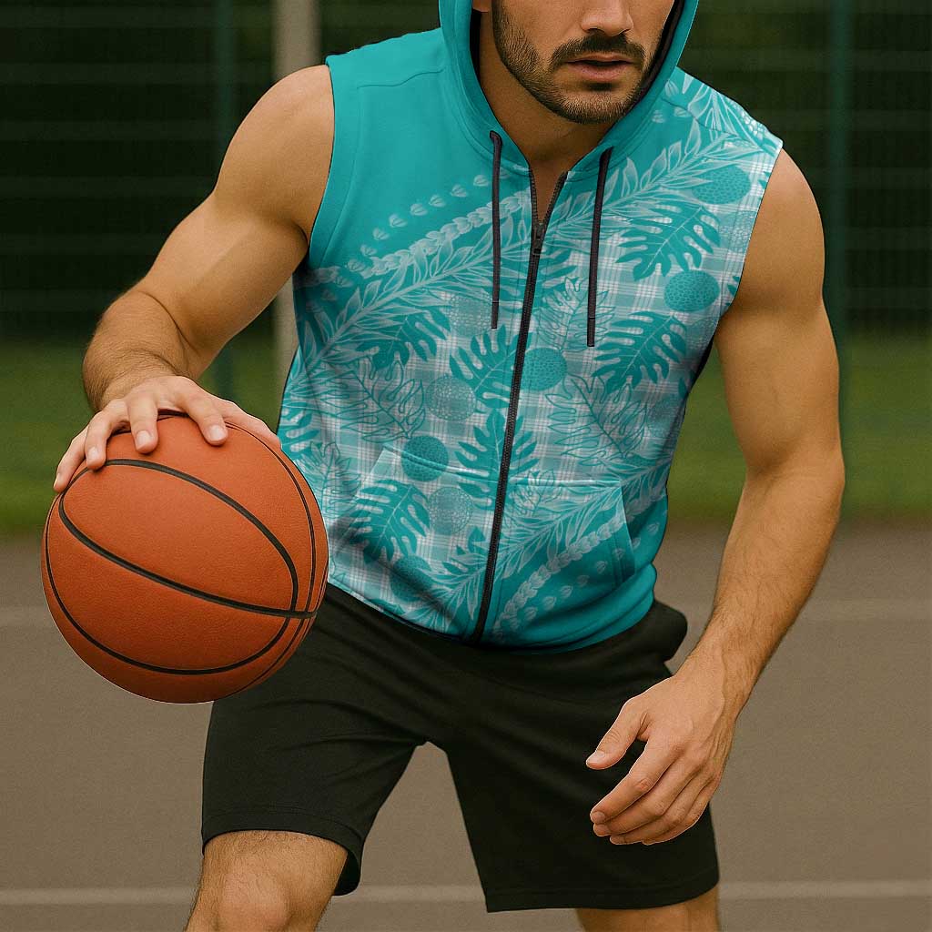 Hawaii Breadfruit Palaka Sleeveless Zip Hoodie Polu Opal Maile Lei - Polynesian Pride
