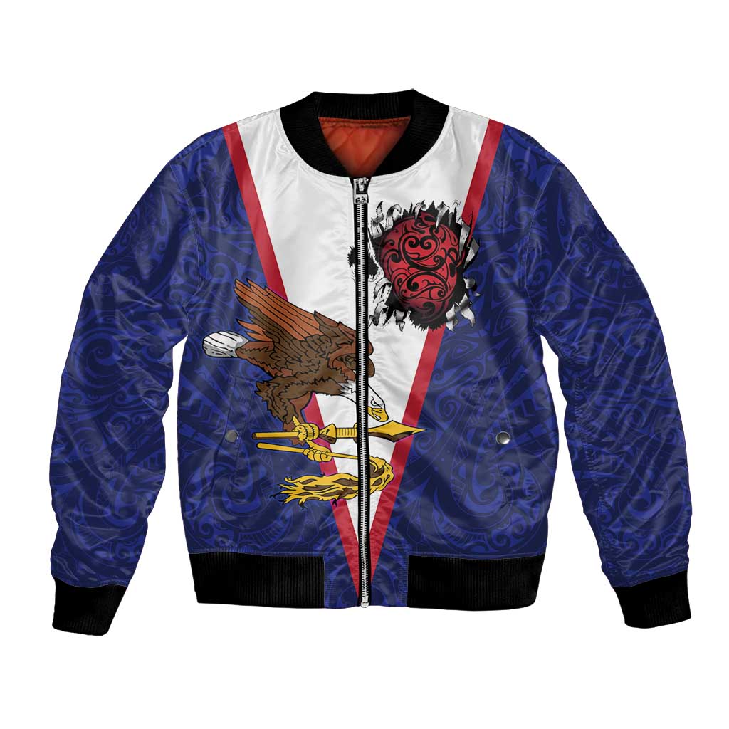 American Samoa Heart Tribal Personalized Bomber Jacket Polynesian Patterns LT9 Unisex Blue - Polynesian Pride
