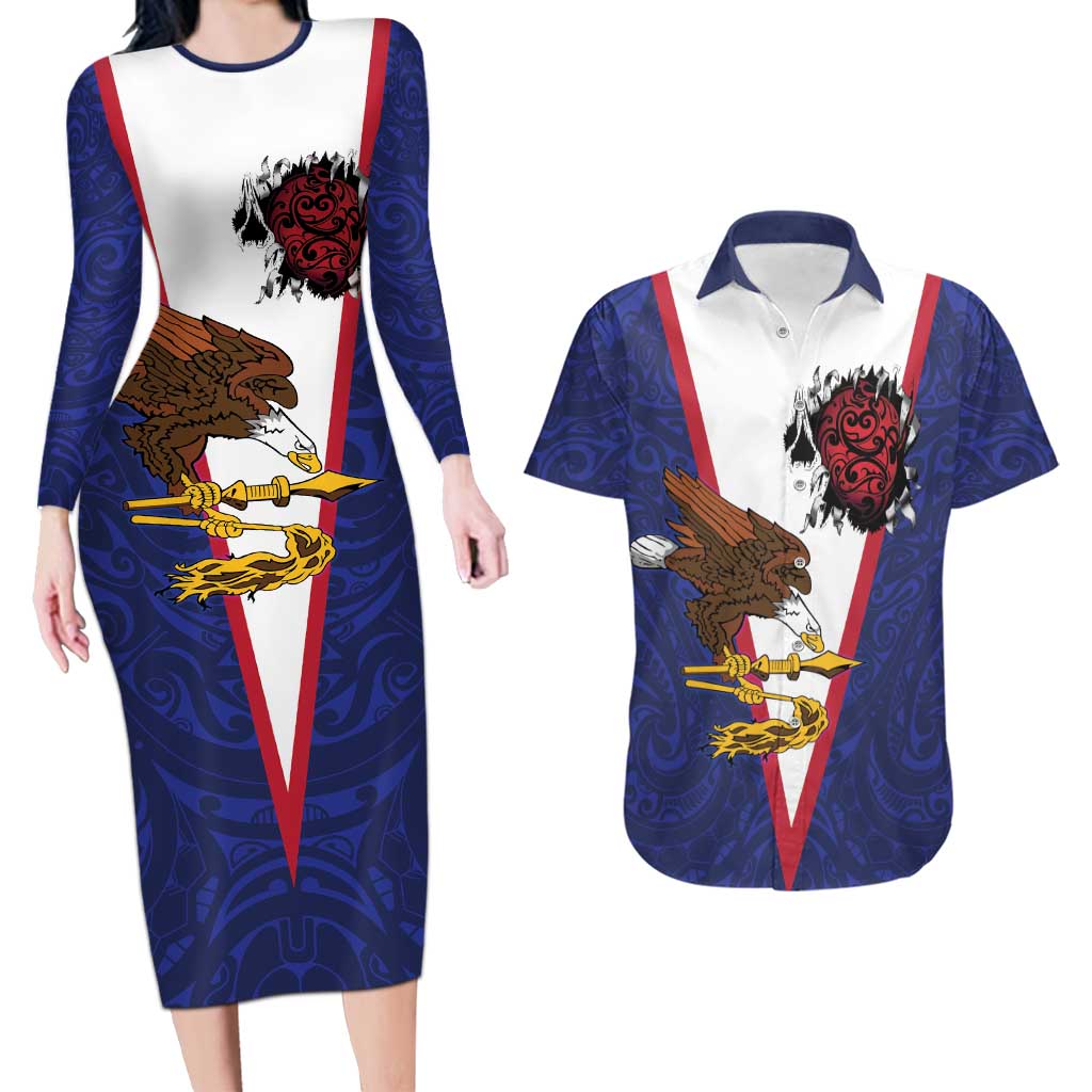 American Samoa Heart Tribal Personalized Couples Matching Long Sleeve Bodycon Dress and Hawaiian Shirt Polynesian Patterns LT9 Blue - Polynesian Pride