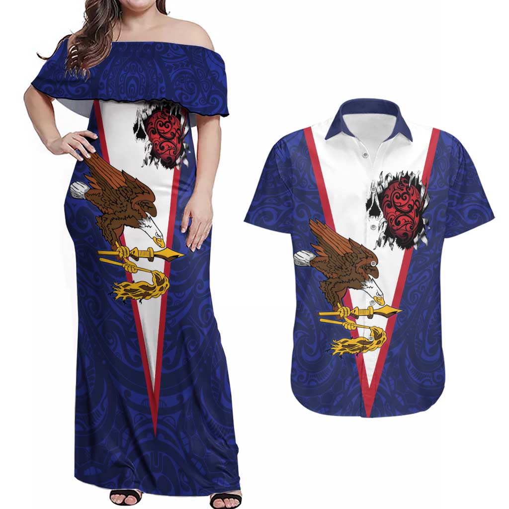 American Samoa Heart Tribal Personalized Couples Matching Off Shoulder Maxi Dress and Hawaiian Shirt Polynesian Patterns LT9 Blue - Polynesian Pride