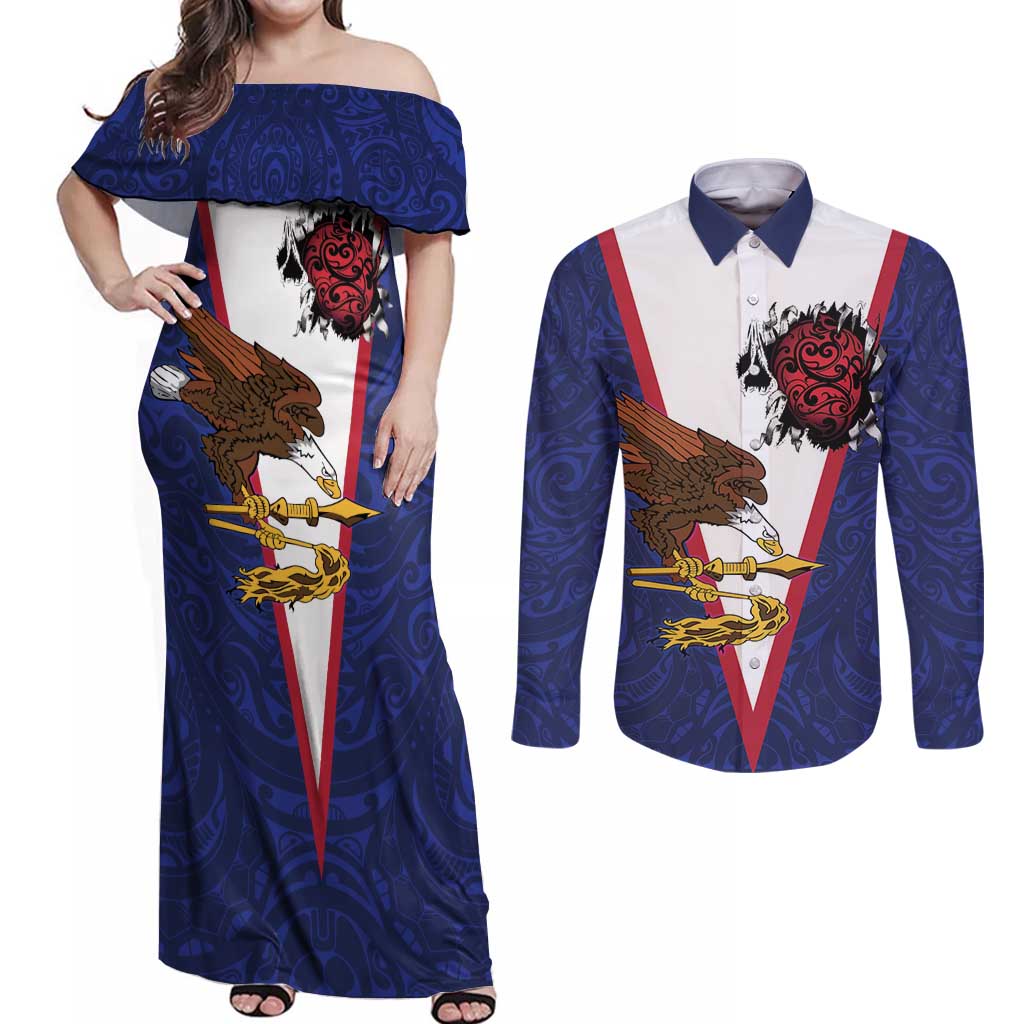American Samoa Heart Tribal Personalized Couples Matching Off Shoulder Maxi Dress and Long Sleeve Button Shirt Polynesian Patterns LT9 Blue - Polynesian Pride
