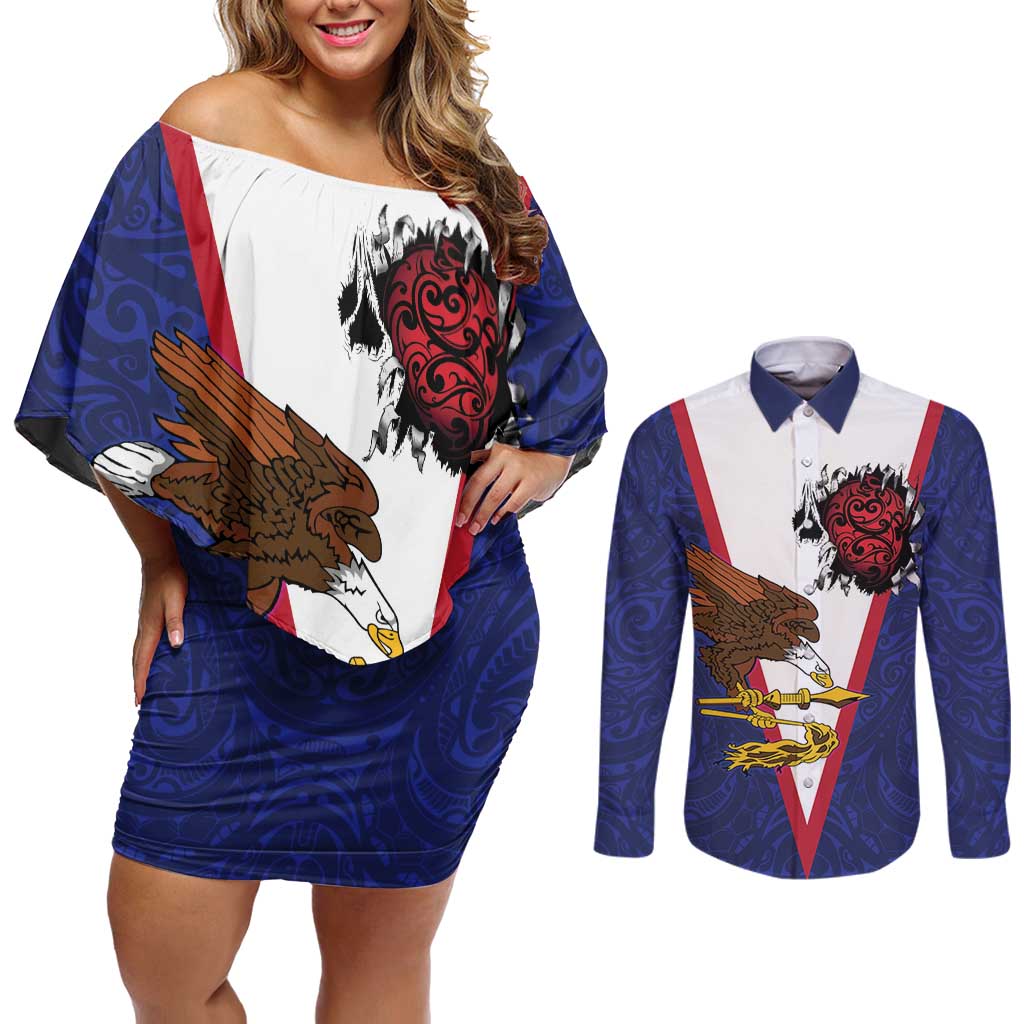 American Samoa Heart Tribal Personalized Couples Matching Off Shoulder Short Dress and Long Sleeve Button Shirt Polynesian Patterns