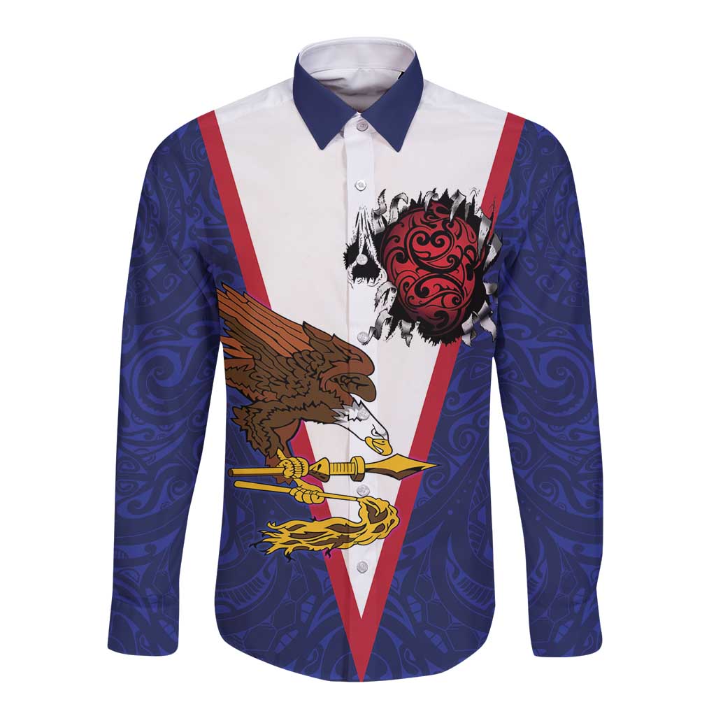 American Samoa Heart Tribal Personalized Long Sleeve Button Shirt Polynesian Patterns LT9 Unisex Blue - Polynesian Pride