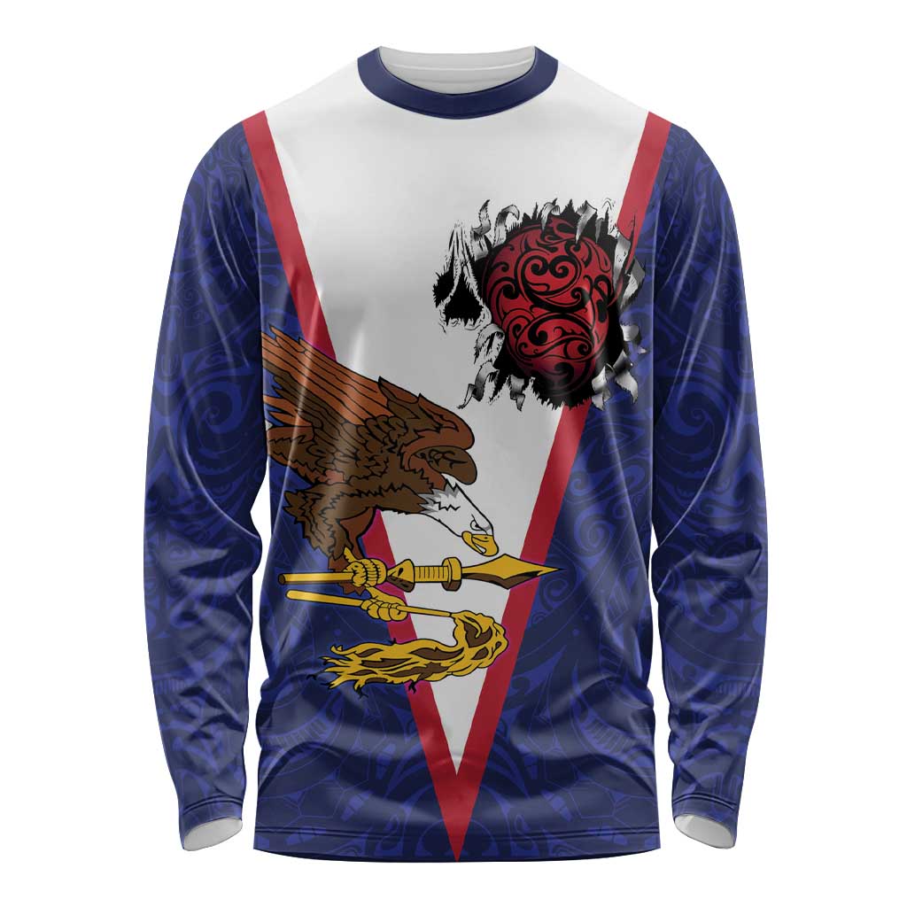 American Samoa Heart Tribal Personalized Long Sleeve Shirt Polynesian Patterns LT9 Unisex Blue - Polynesian Pride