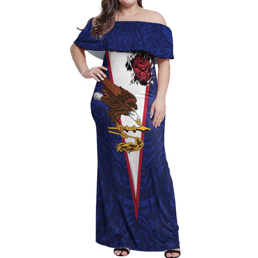 American Samoa Heart Tribal Personalized Off Shoulder Maxi Dress Polynesian Patterns LT9 Women Blue - Polynesian Pride