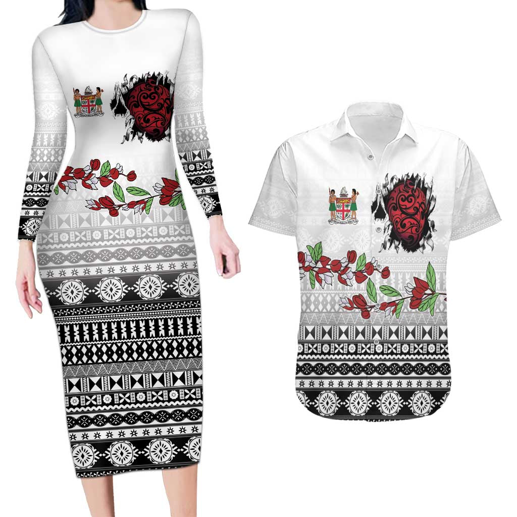 Fiji Heart Tribal Personalised Couples Matching Long Sleeve Bodycon Dress and Hawaiian Shirt Polynesian Patterns
