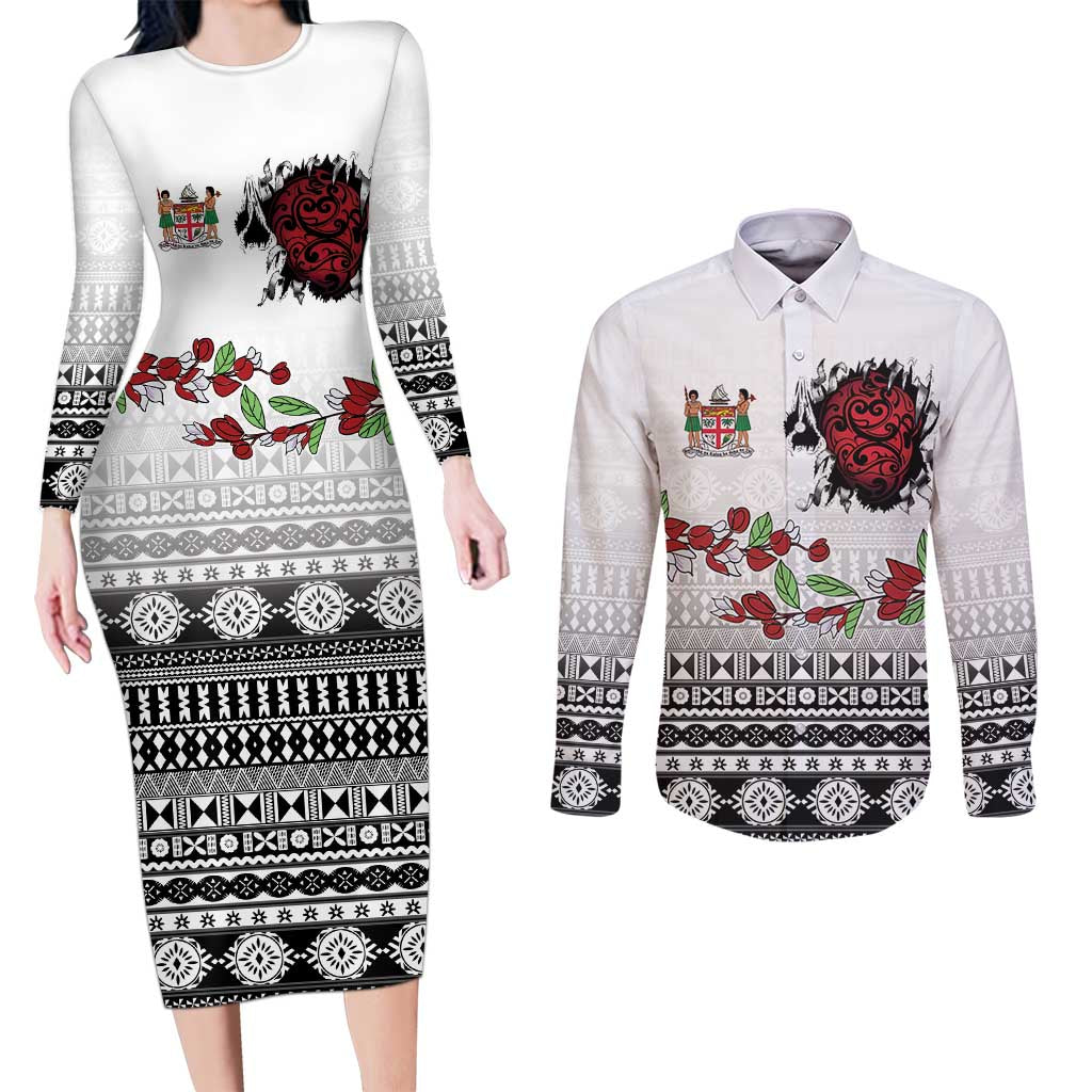 Fiji Heart Tribal Personalised Couples Matching Long Sleeve Bodycon Dress and Long Sleeve Button Shirt Polynesian Patterns