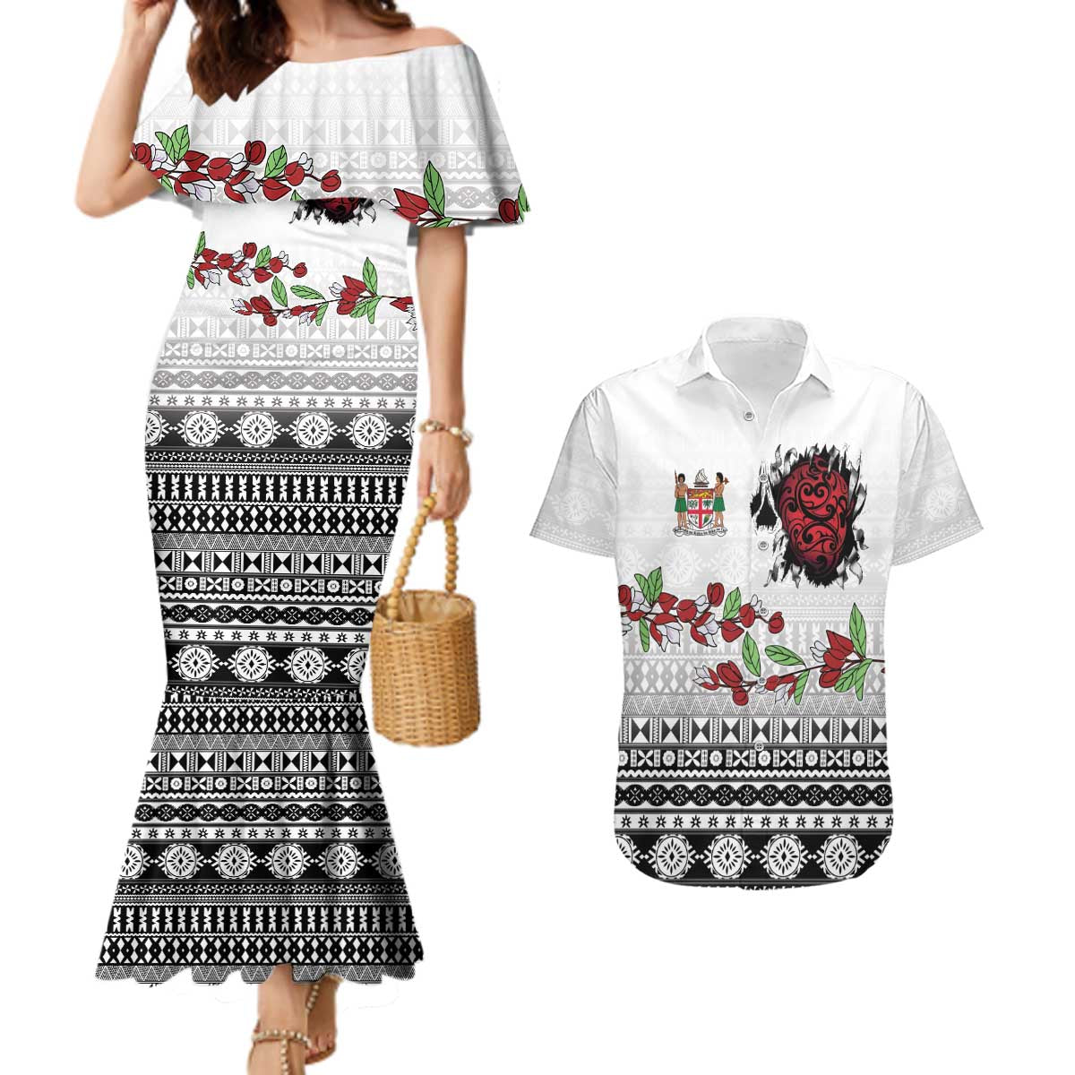 Fiji Heart Tribal Personalised Couples Matching Mermaid Dress and Hawaiian Shirt Polynesian Patterns