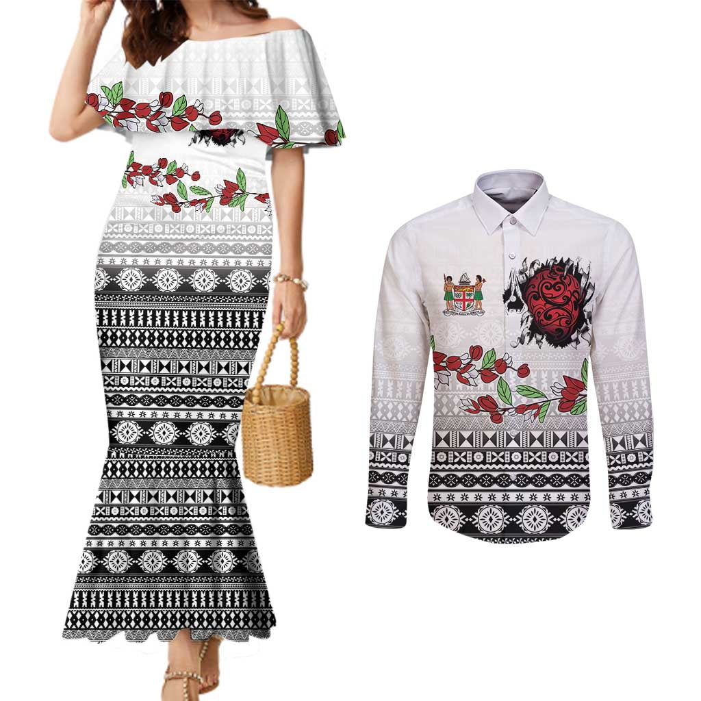 Fiji Heart Tribal Personalised Couples Matching Mermaid Dress and Long Sleeve Button Shirt Polynesian Patterns
