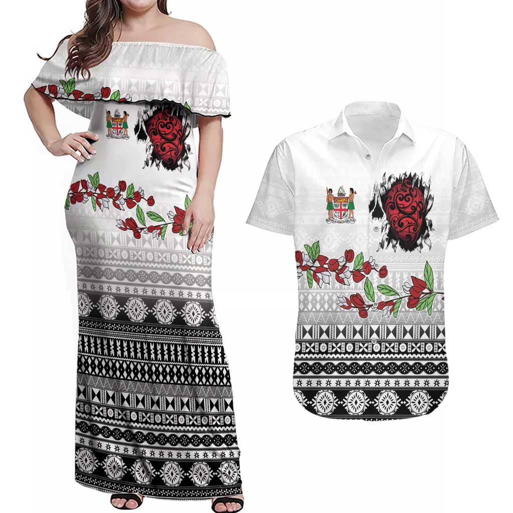 Fiji Heart Tribal Personalised Couples Matching Off Shoulder Maxi Dress and Hawaiian Shirt Polynesian Patterns
