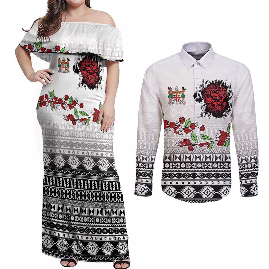 Fiji Heart Tribal Personalised Couples Matching Off Shoulder Maxi Dress and Long Sleeve Button Shirt Polynesian Patterns