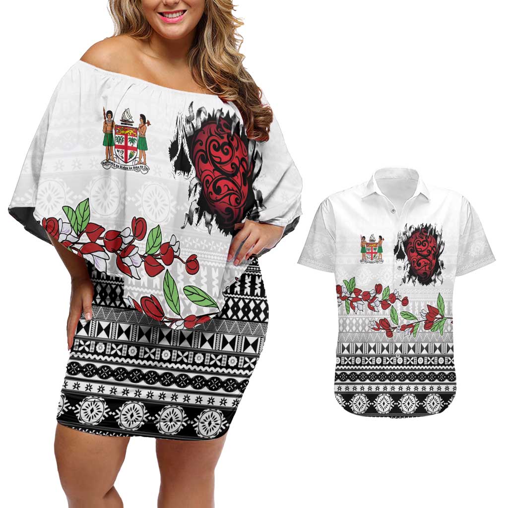 Fiji Heart Tribal Personalised Couples Matching Off Shoulder Short Dress and Hawaiian Shirt Polynesian Patterns