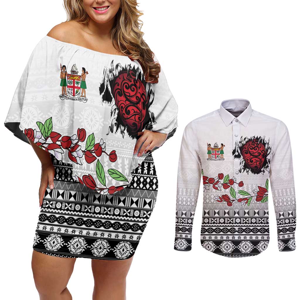 Fiji Heart Tribal Personalised Couples Matching Off Shoulder Short Dress and Long Sleeve Button Shirt Polynesian Patterns